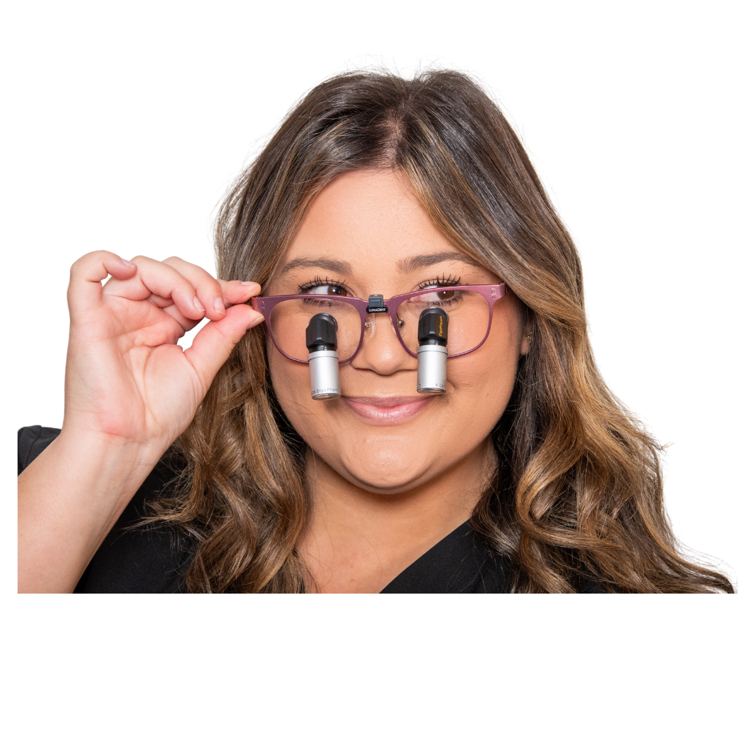 Dental Hygienist wearing Pink Loupes 